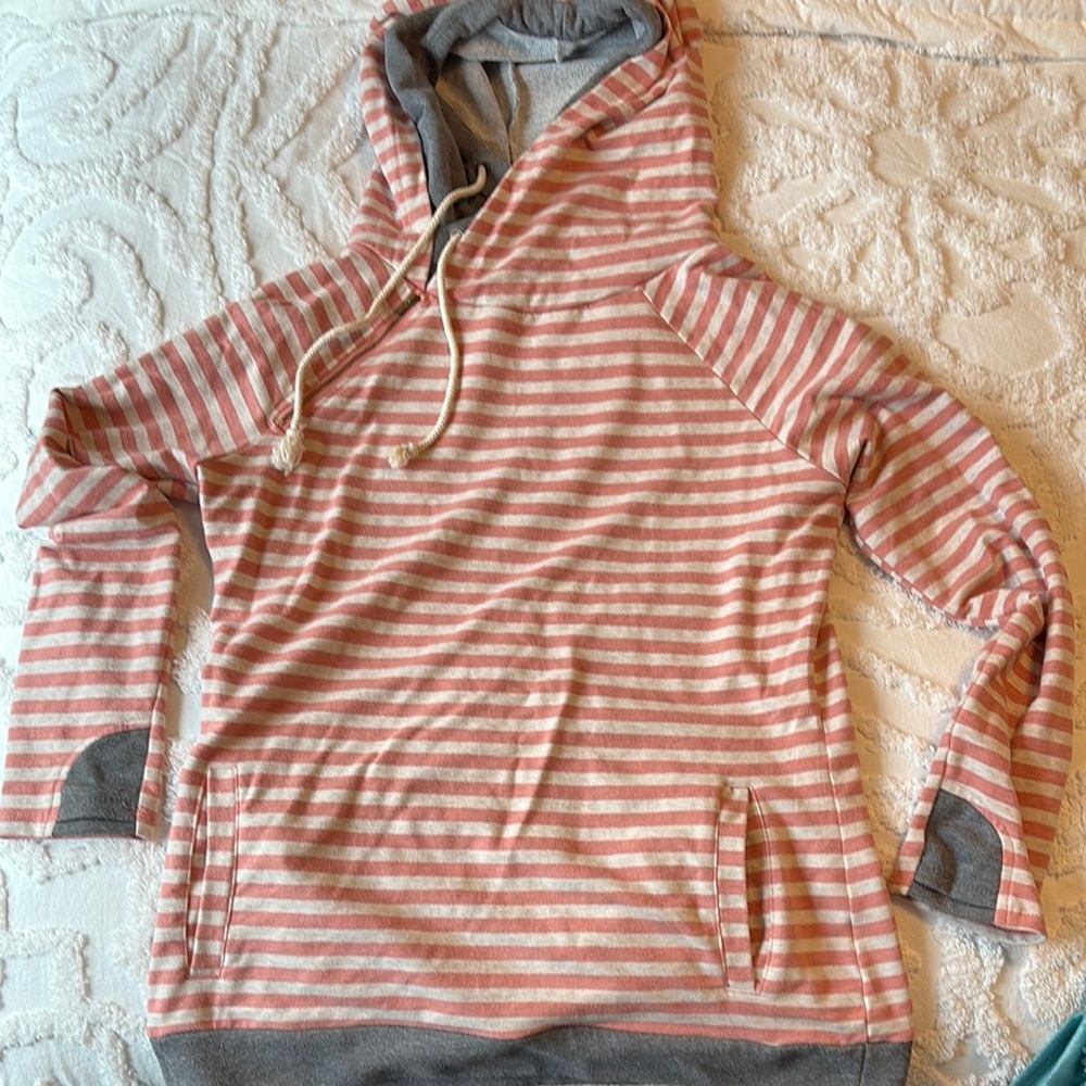 AMPERSAND AVE Pink and Gray Striped Hoodie